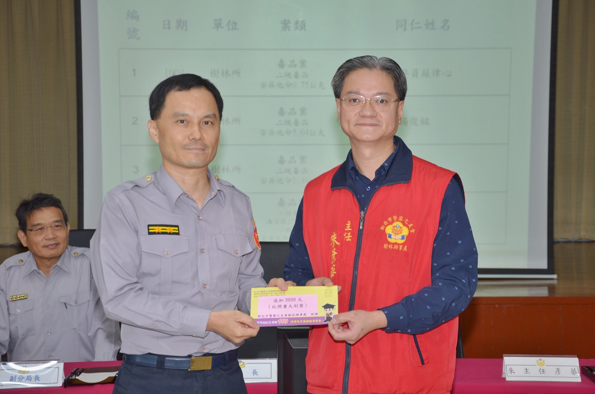 樹林警友辦事處主任朱彥華特與本分局彭厝所所長合影留念
